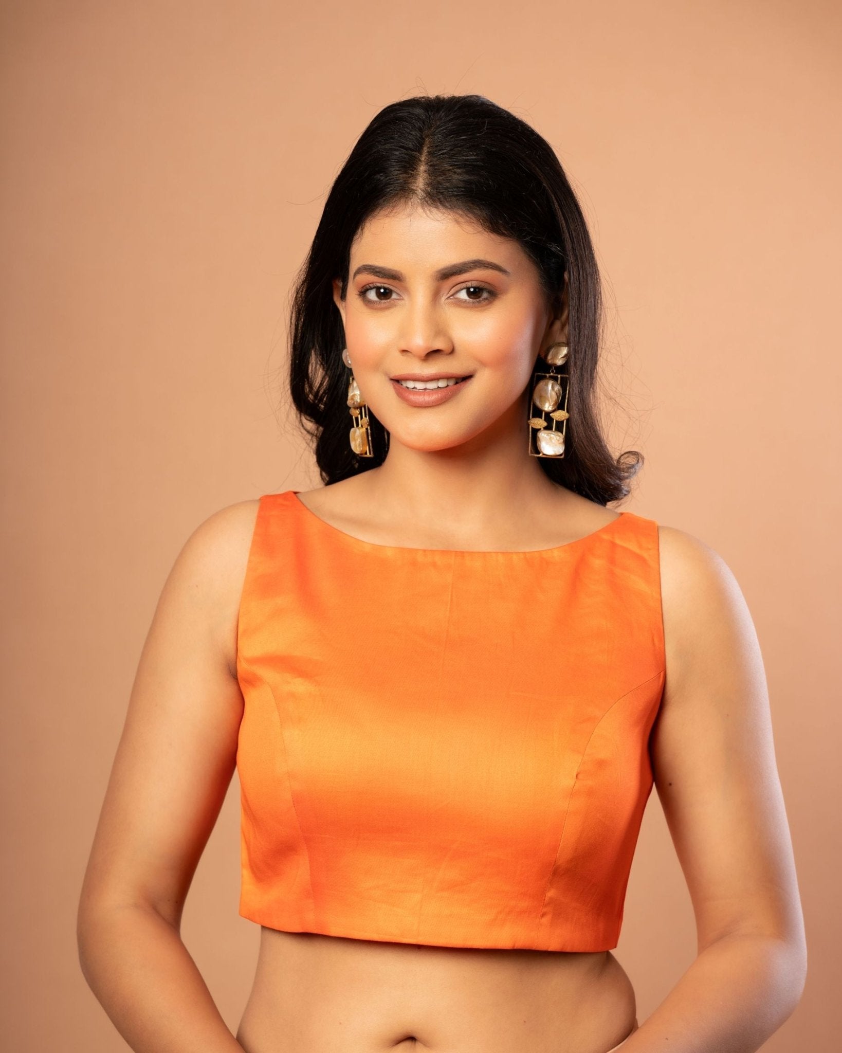 Orange Sleeveless Cotton Silk Blouse with Boat Neckline - Anvi Couture