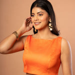 Orange Sleeveless Cotton Silk Blouse with Boat Neckline - Anvi Couture