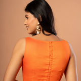 Orange Sleeveless Cotton Silk Blouse with Boat Neckline - Anvi Couture