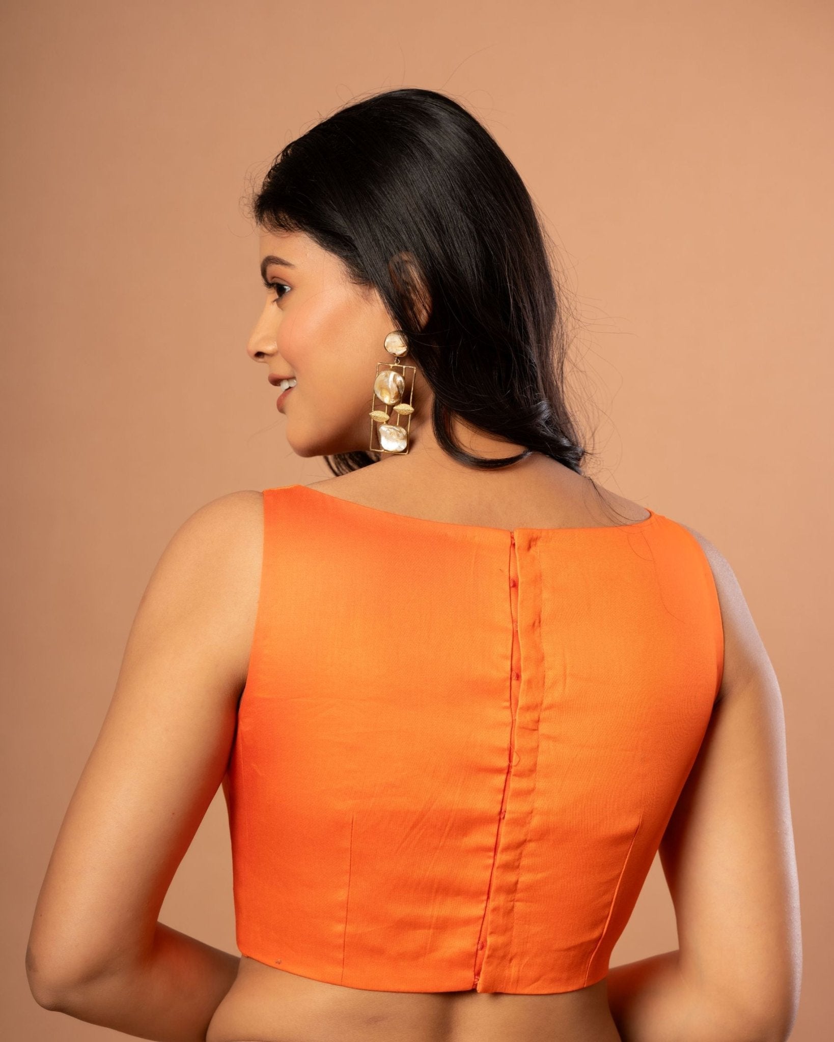 Orange Sleeveless Cotton Silk Blouse with Boat Neckline - Anvi Couture
