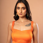 Orange Sleeveless Cotton Silk Blouse with Sweetheart Neckline - Anvi Couture