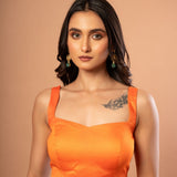 Orange Sleeveless Cotton Silk Blouse with Sweetheart Neckline - Anvi Couture
