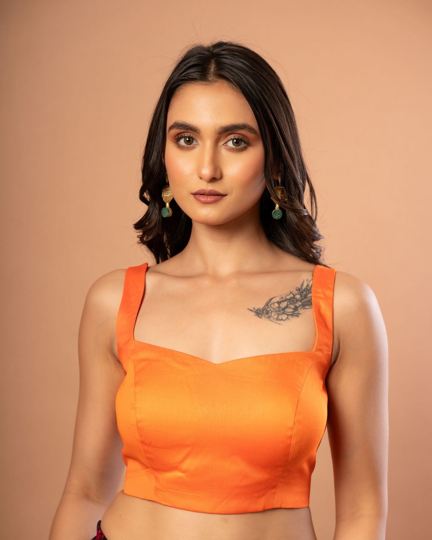 Orange Sleeveless Cotton Silk Blouse with Sweetheart Neckline - Anvi Couture
