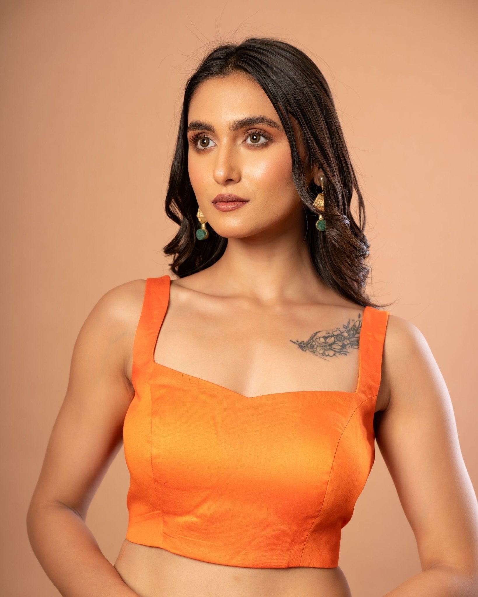 Orange Sleeveless Cotton Silk Blouse with Sweetheart Neckline - Anvi Couture