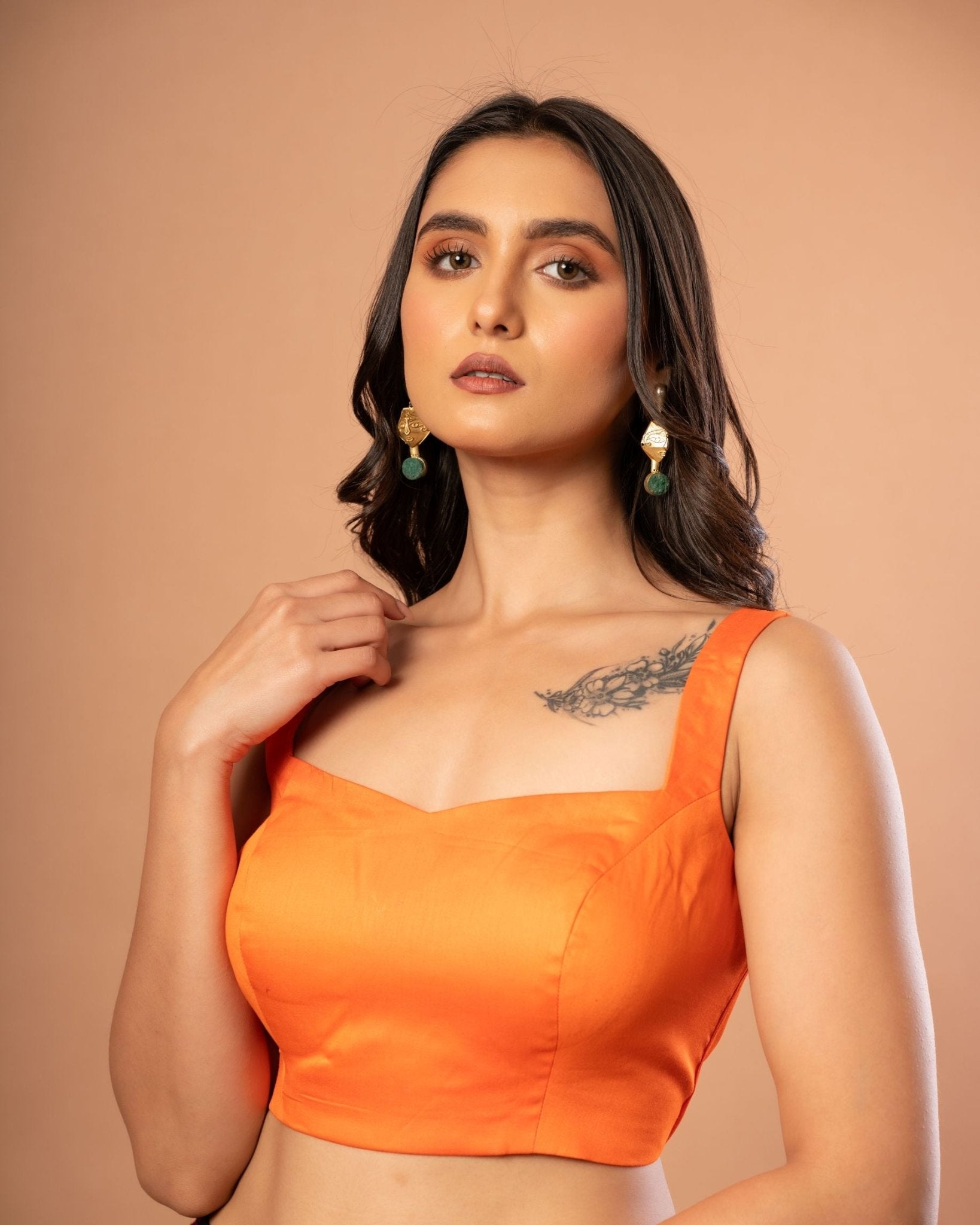 Orange Sleeveless Cotton Silk Blouse with Sweetheart Neckline - Anvi Couture