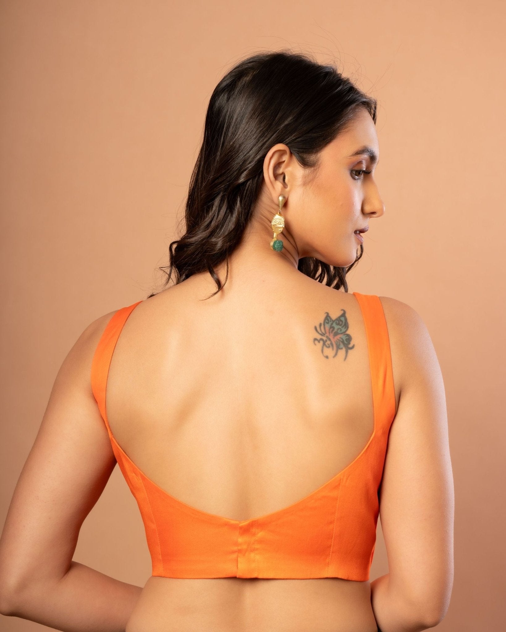 Orange Sleeveless Cotton Silk Blouse with Sweetheart Neckline - Anvi Couture