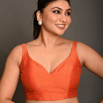 Orange Sweetheart Neck Raw Silk Sleeveless Blouse - Anvi Couture