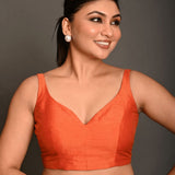 Orange Sweetheart Neck Raw Silk Sleeveless Blouse - Anvi Couture