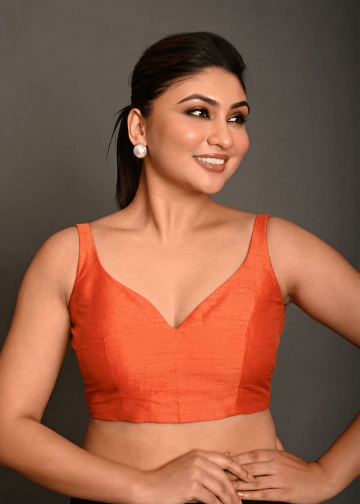 Orange Sweetheart Neck Raw Silk Sleeveless Blouse - Anvi Couture