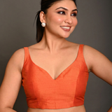Orange Sweetheart Neck Raw Silk Sleeveless Blouse Front
