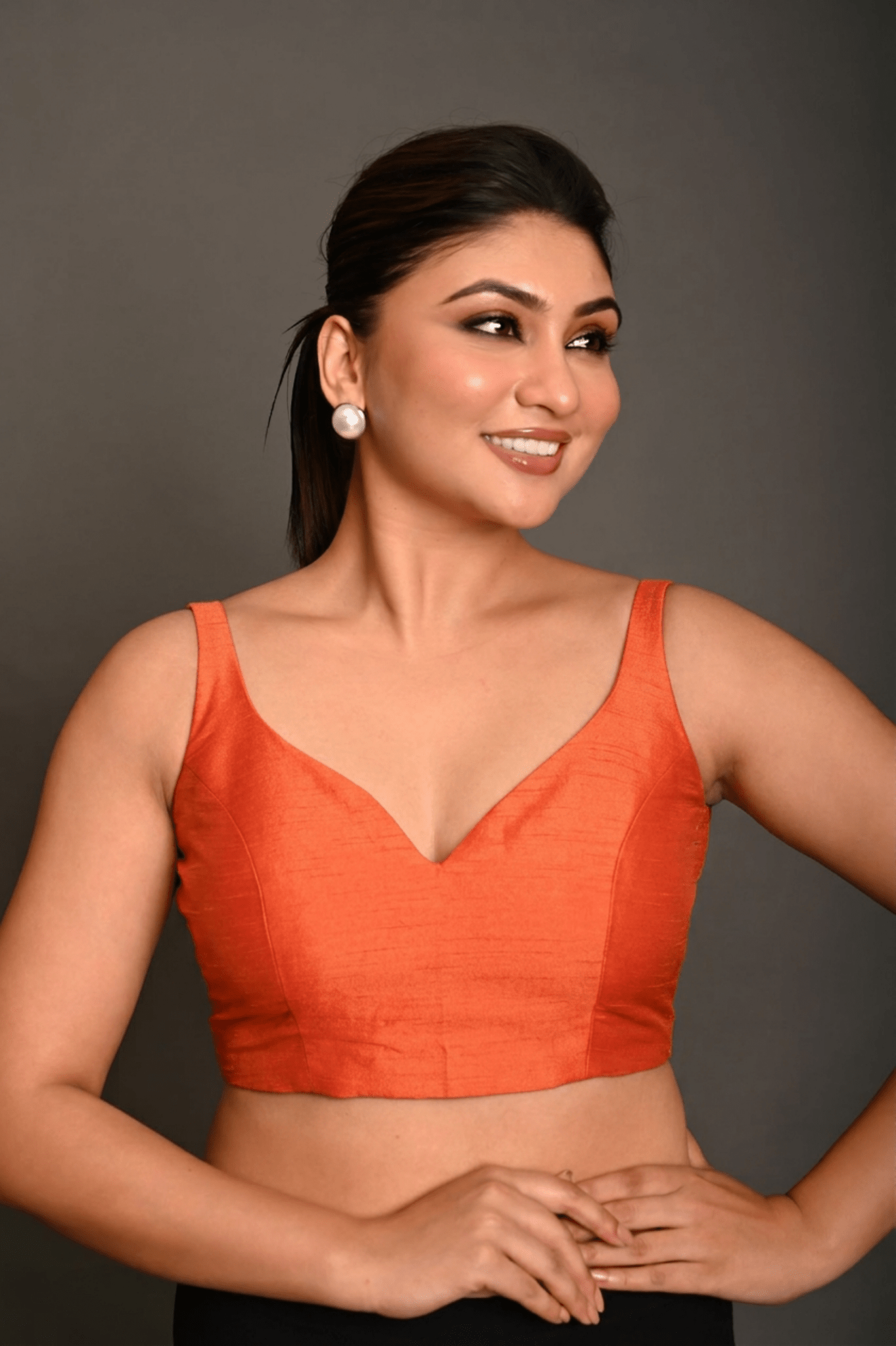 Orange Sweetheart Neck Raw Silk Sleeveless Blouse - Anvi Couture