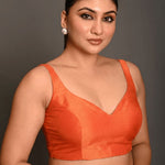Orange Sweetheart Neck Raw Silk Sleeveless Blouse - Anvi Couture