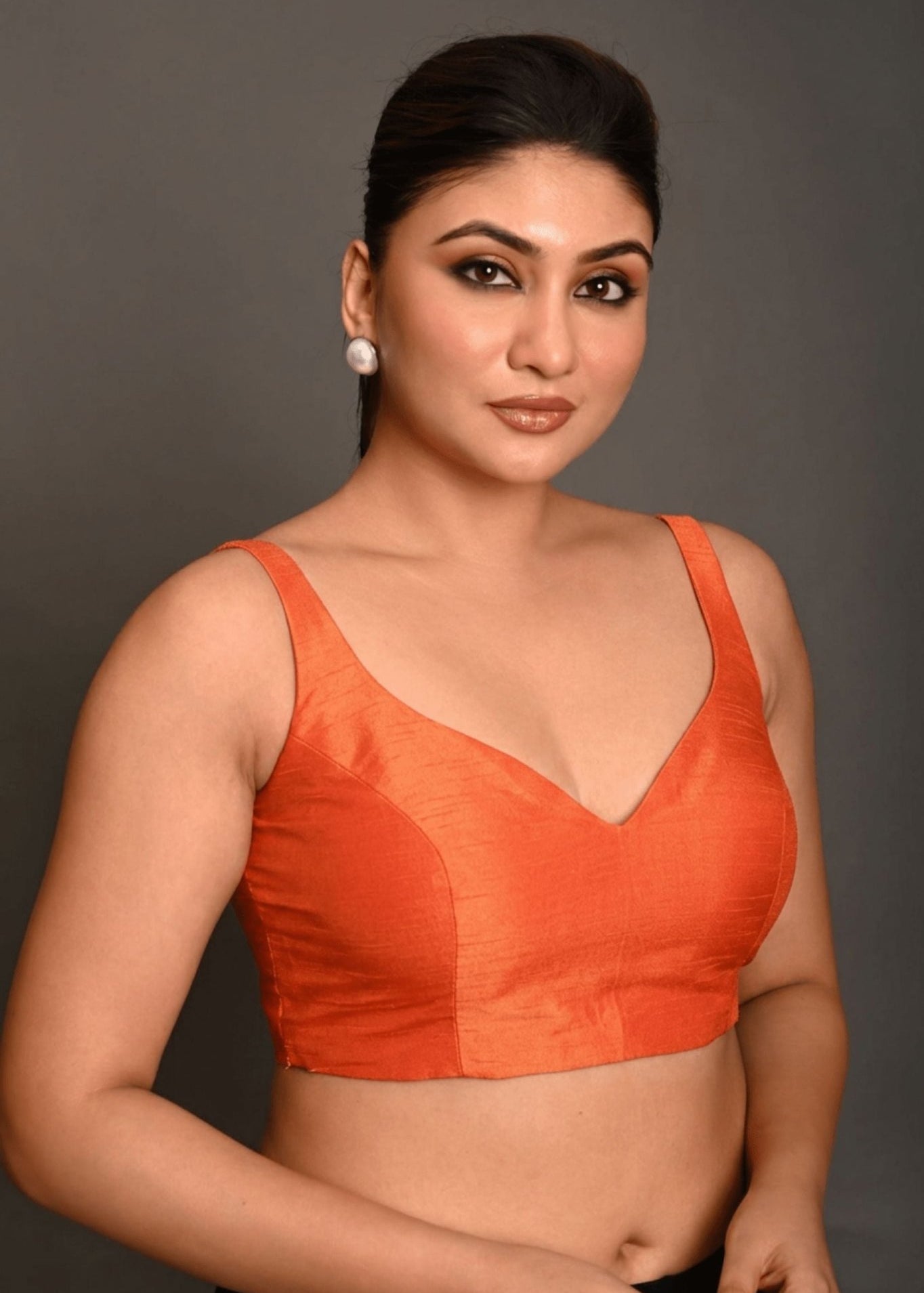 Orange Sweetheart Neck Raw Silk Sleeveless Blouse - Anvi Couture