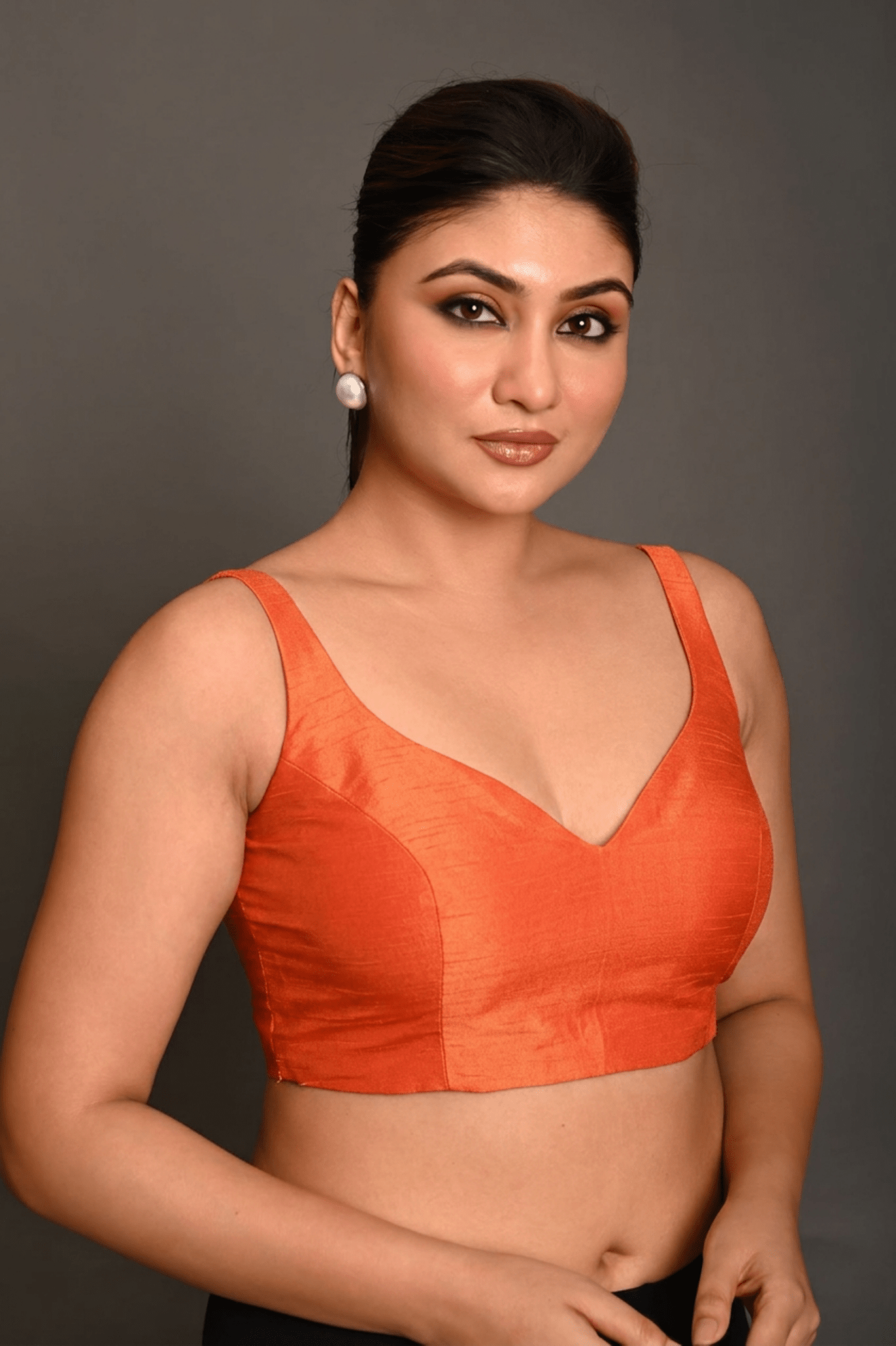 Orange Sweetheart Neck Raw Silk Sleeveless Blouse - Anvi Couture