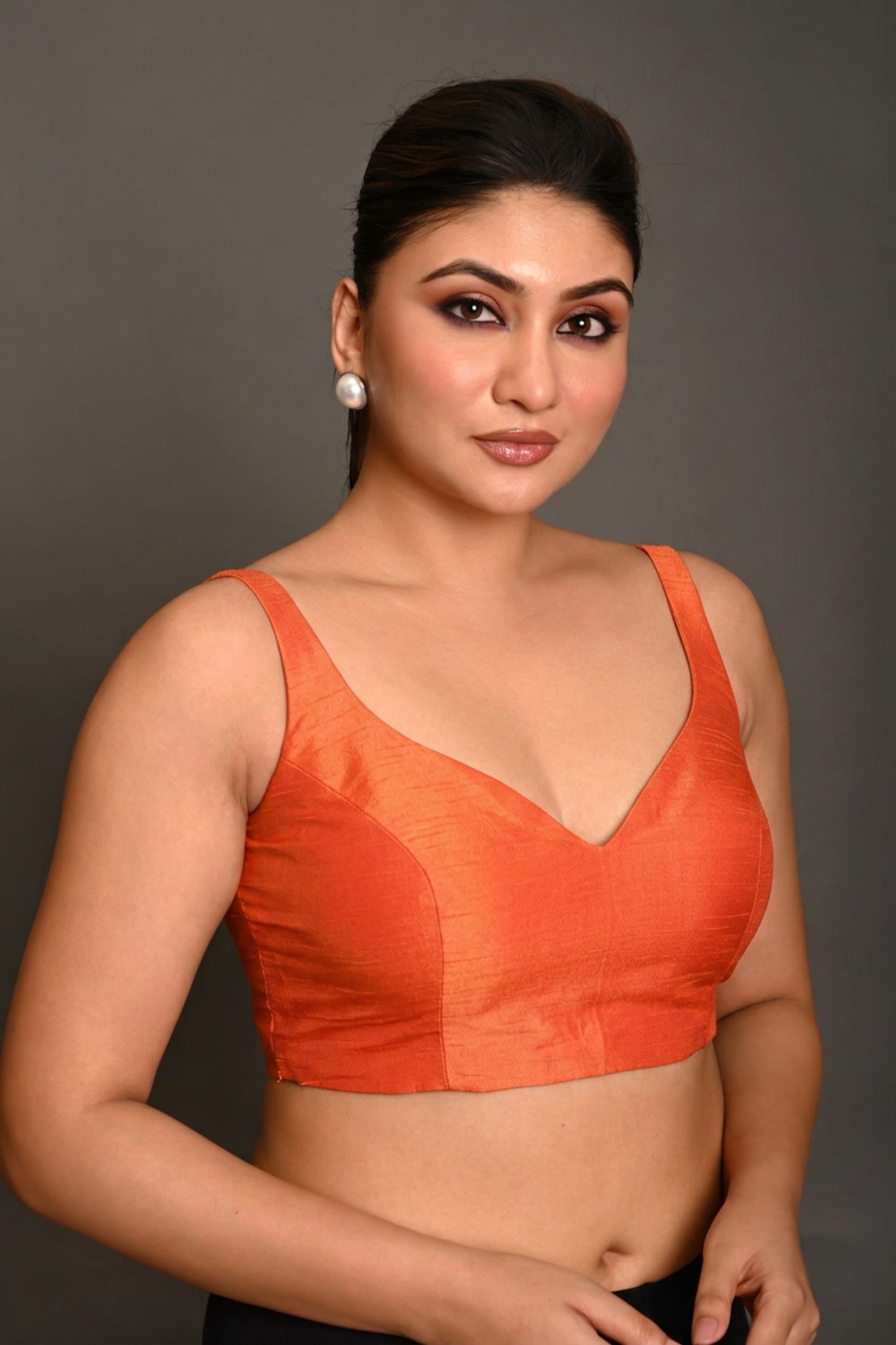 Orange Sweetheart Neck Raw Silk Sleeveless Blouse Side
