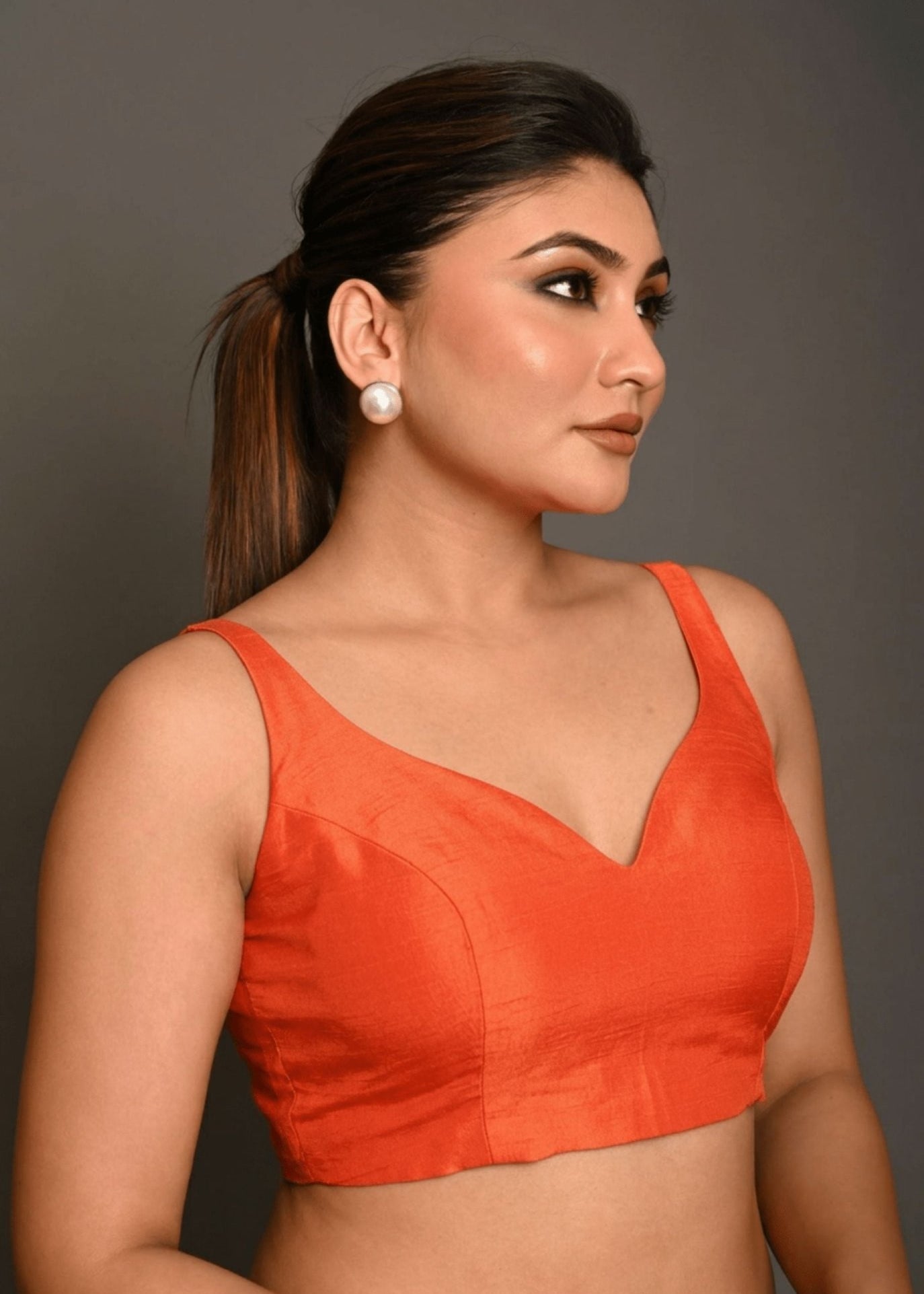 Orange Sweetheart Neck Raw Silk Sleeveless Blouse - Anvi Couture