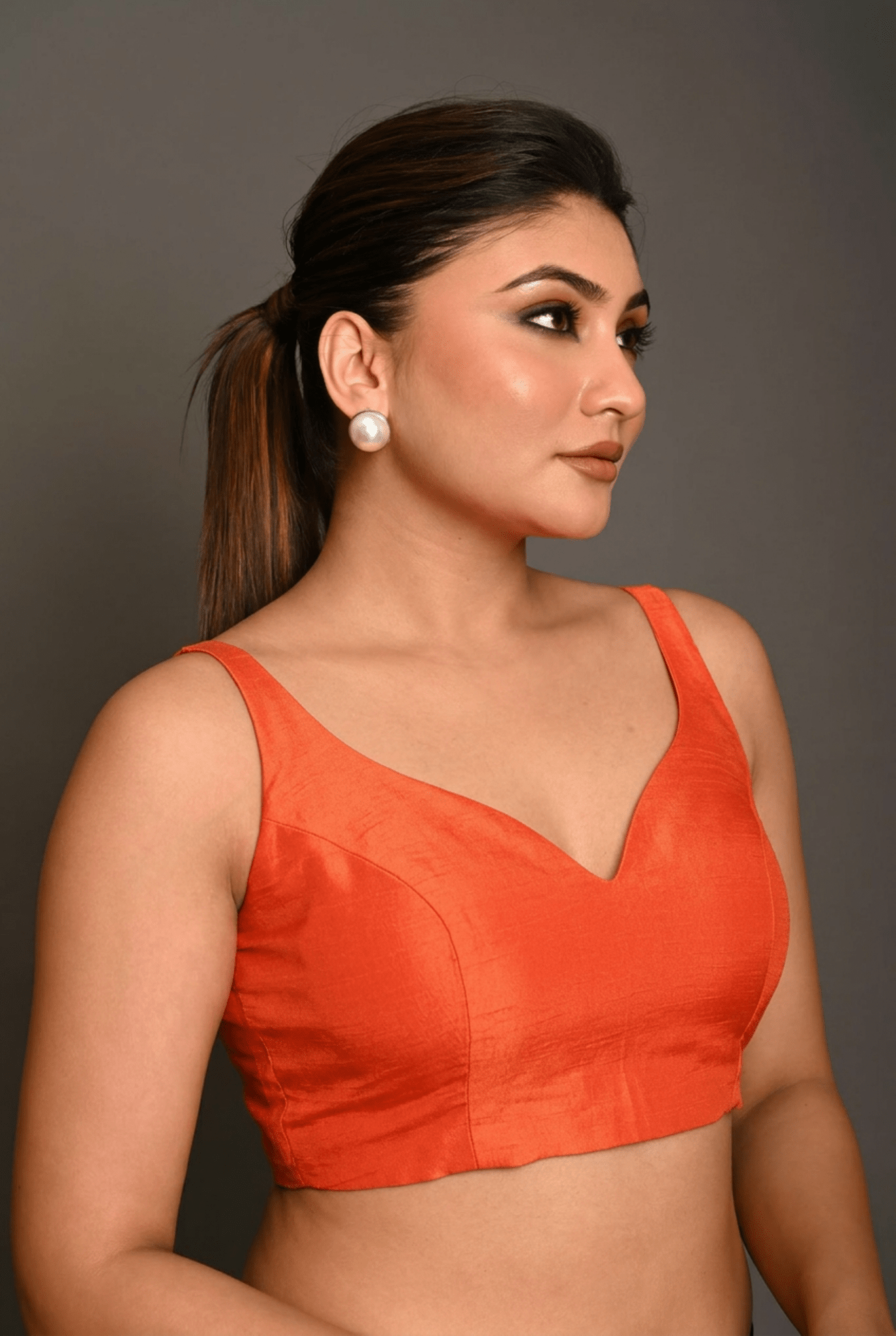 Orange Sweetheart Neck Raw Silk Sleeveless Blouse - Anvi Couture