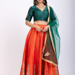 Orange and Green Raw silk Embroidered Lehenga Set full