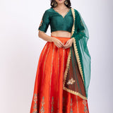 Orange and Green Raw silk Embroidered Lehenga Set full