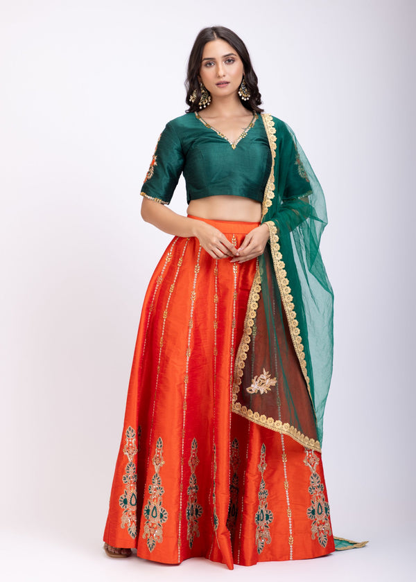 Orange and Green Raw silk Embroidered Lehenga Set full
