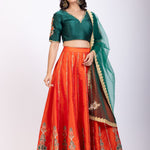 Orange and Green Raw silk Embroidered Lehenga Set front