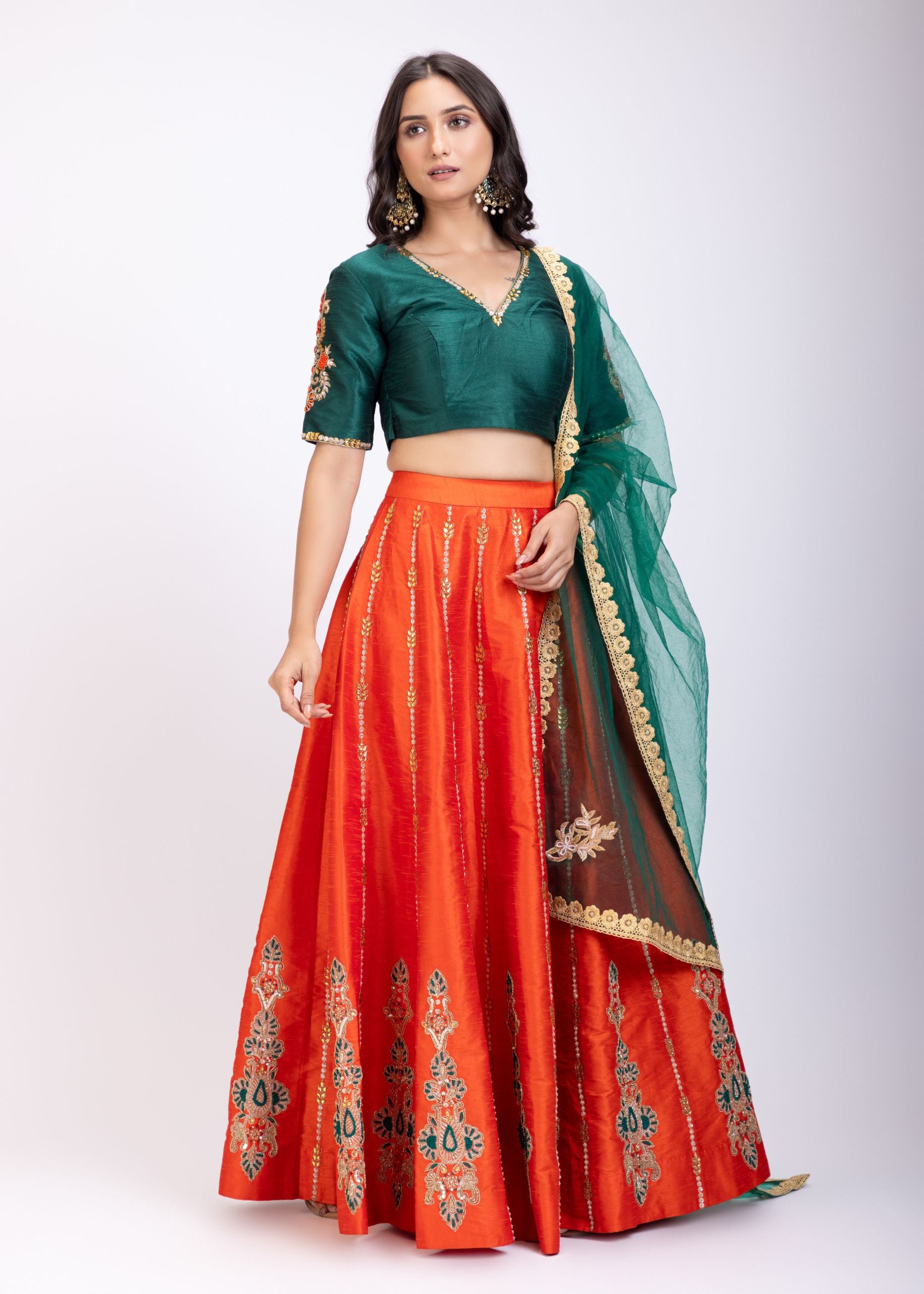 Orange and Green Raw silk Embroidered Lehenga Set front