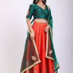 Orange and Green Raw silk Embroidered Lehenga Set side