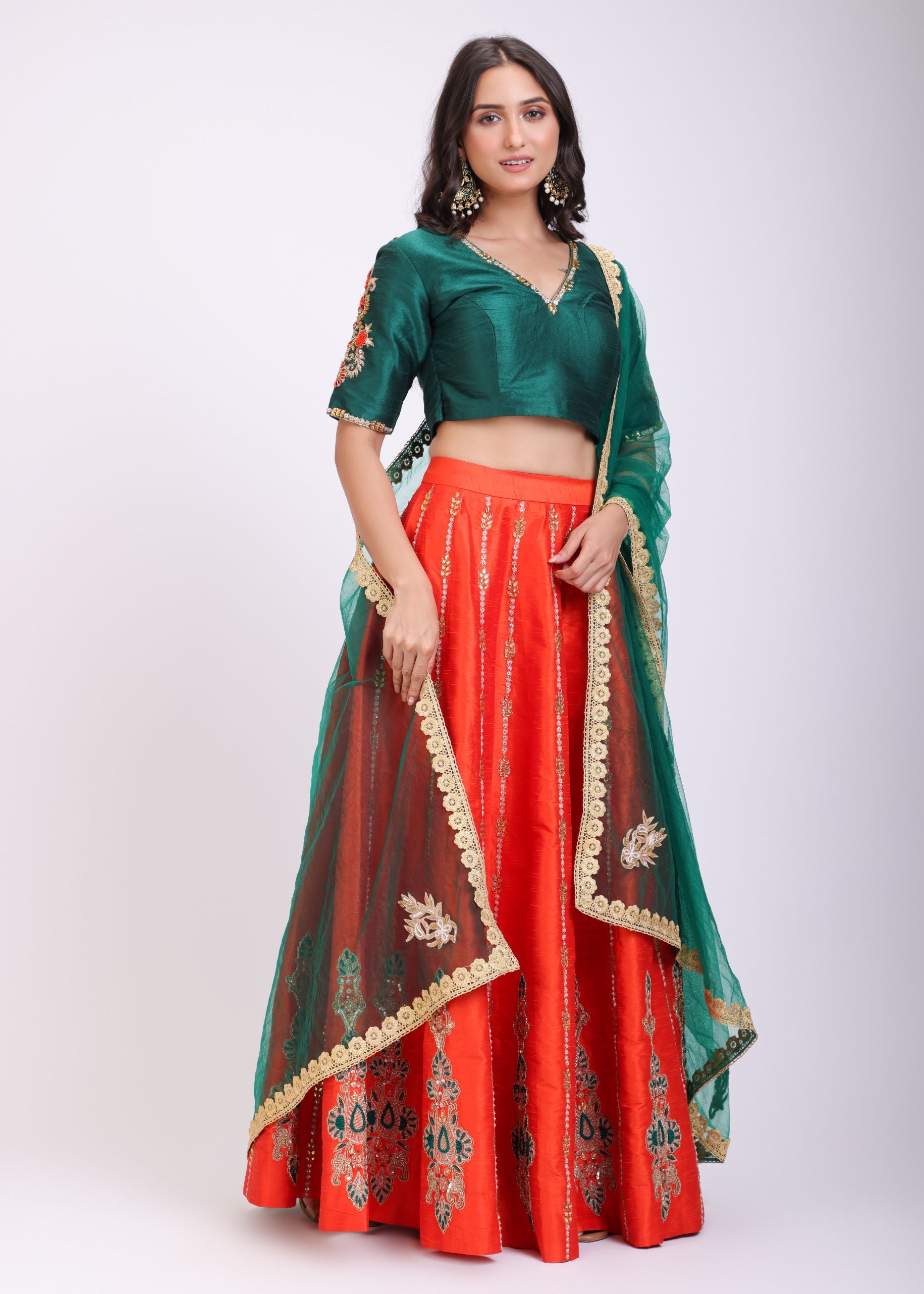 Orange and Green Raw silk Embroidered Lehenga Set side