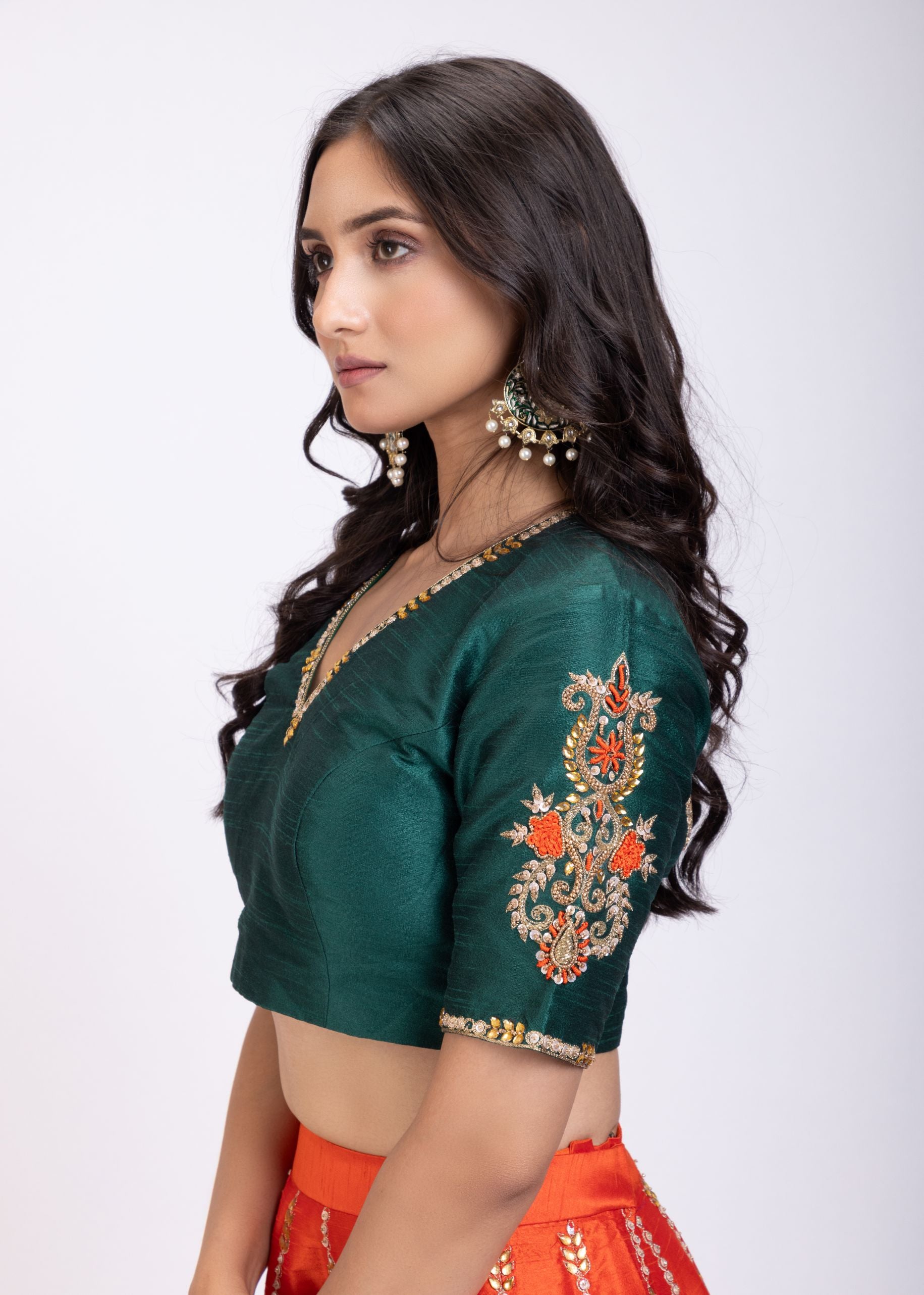 Orange and Green Raw silk Embroidered Lehenga Set close up