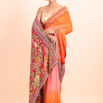 Orange and Red Bandhani Saree with Kalamkari Pallu with Hand Embroidered Work full