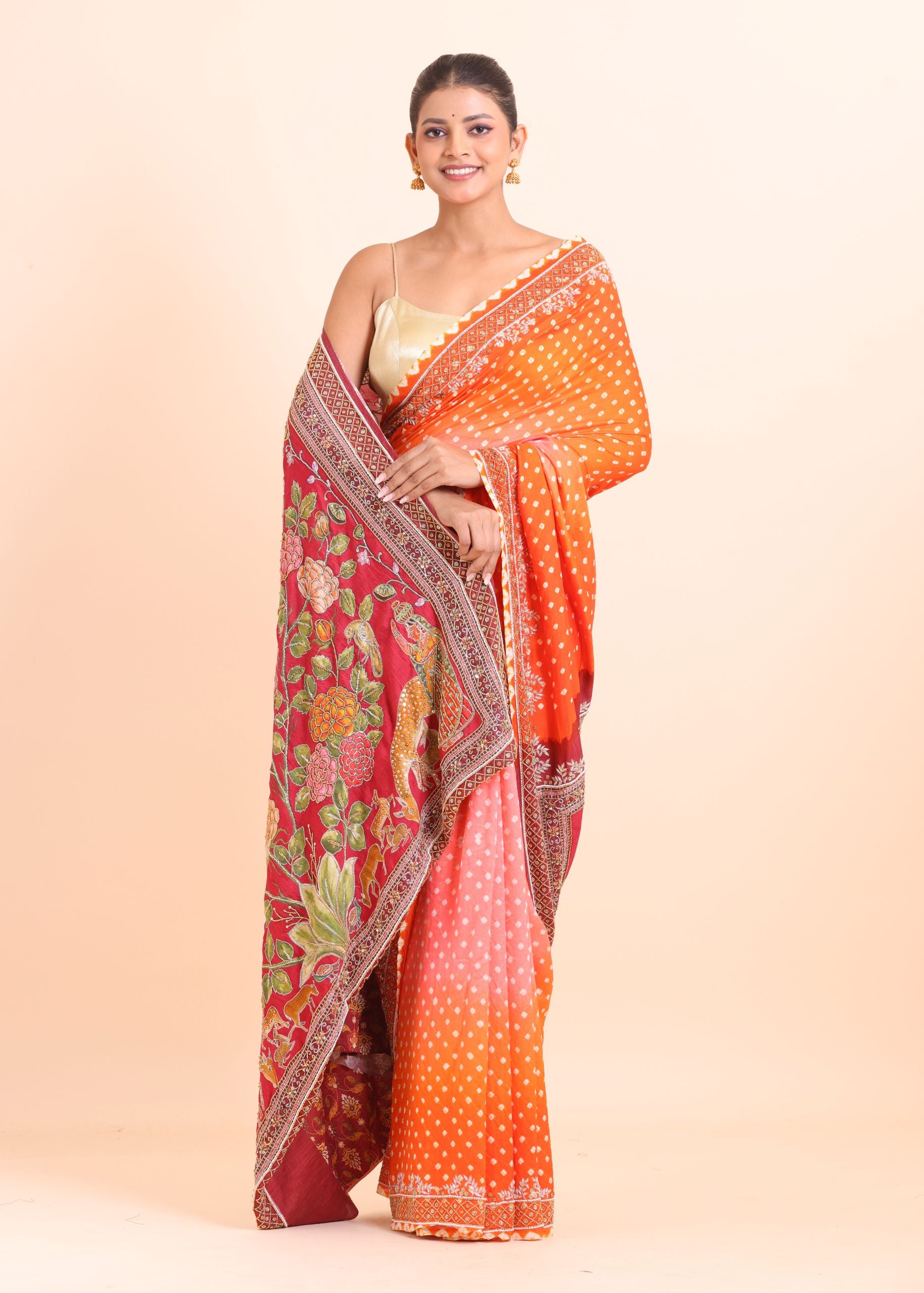Orange and Red Bandhani Saree with Kalamkari Pallu with Hand Embroidered Work full