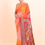 Orange and Red Bandhani Saree with Kalamkari Pallu with Hand Embroidered Work front 