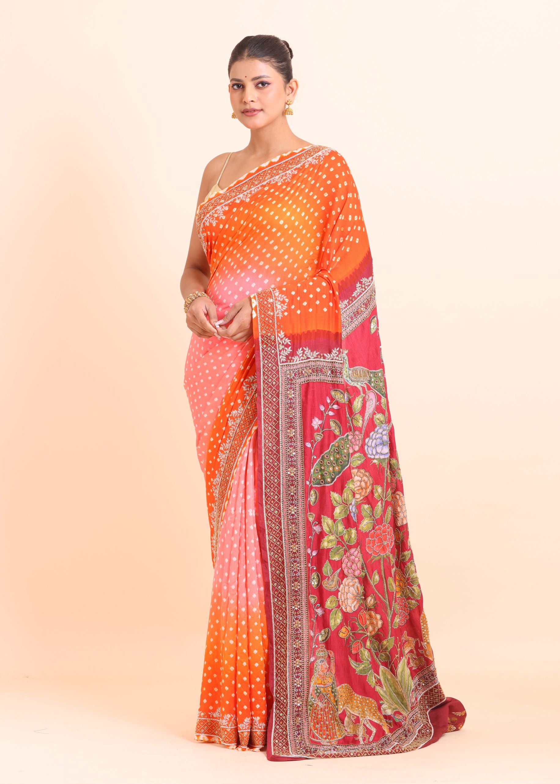 Orange and Red Bandhani Saree with Kalamkari Pallu with Hand Embroidered Work front 