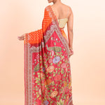 Orange and Red Bandhani Saree with Kalamkari Pallu with Hand Embroidered Work back
