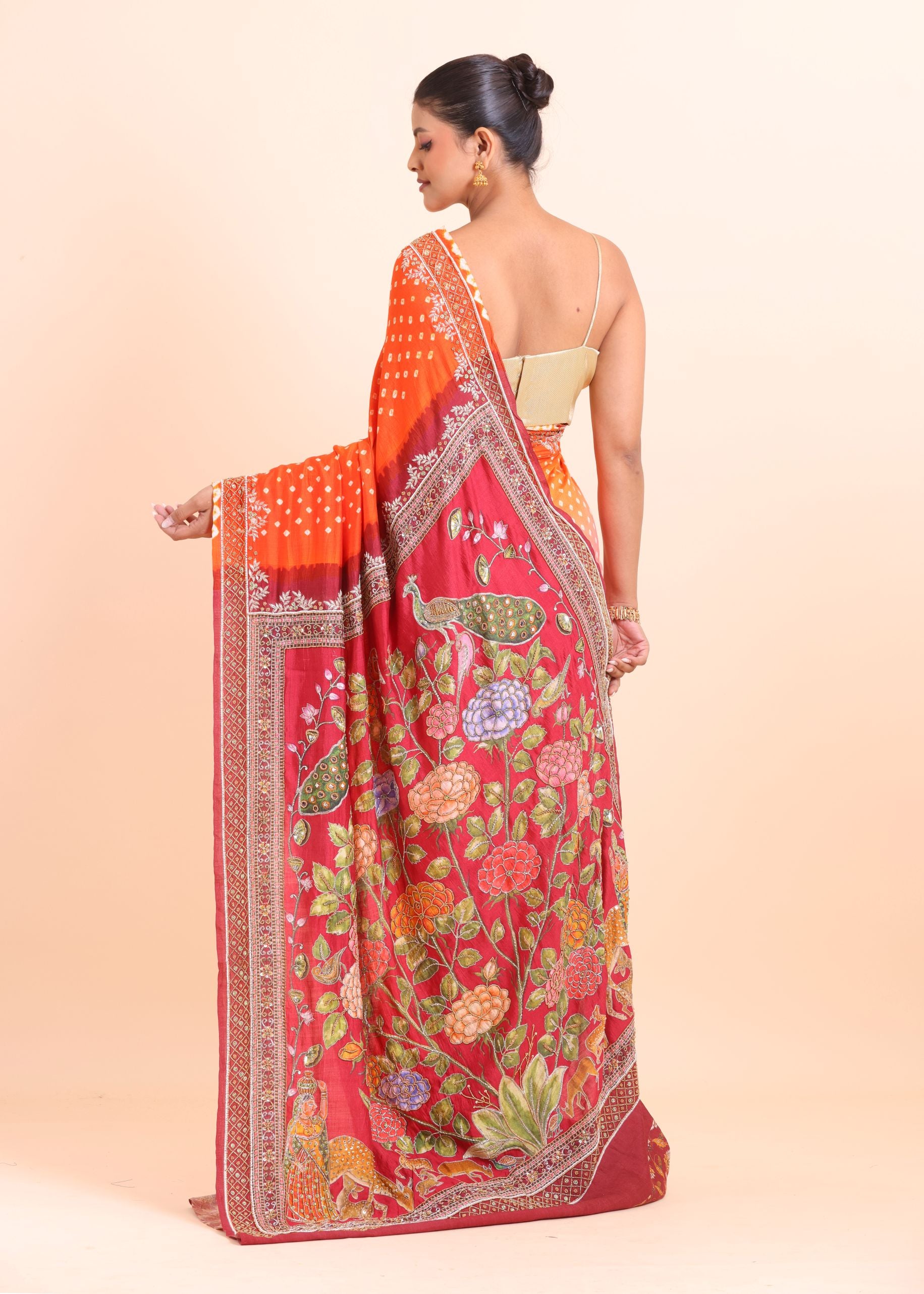 Orange and Red Bandhani Saree with Kalamkari Pallu with Hand Embroidered Work back