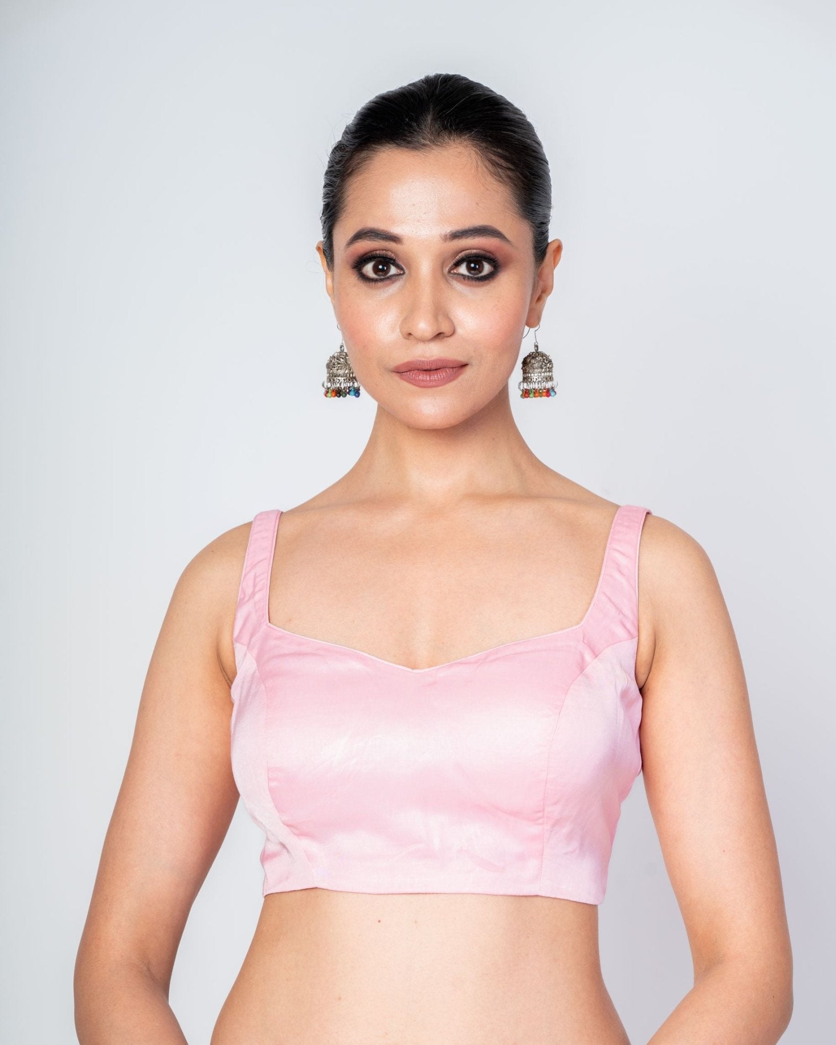 Oyster Pink Sweetheart Neckline Sleeveless Blouse with Back Closure - Anvi Couture