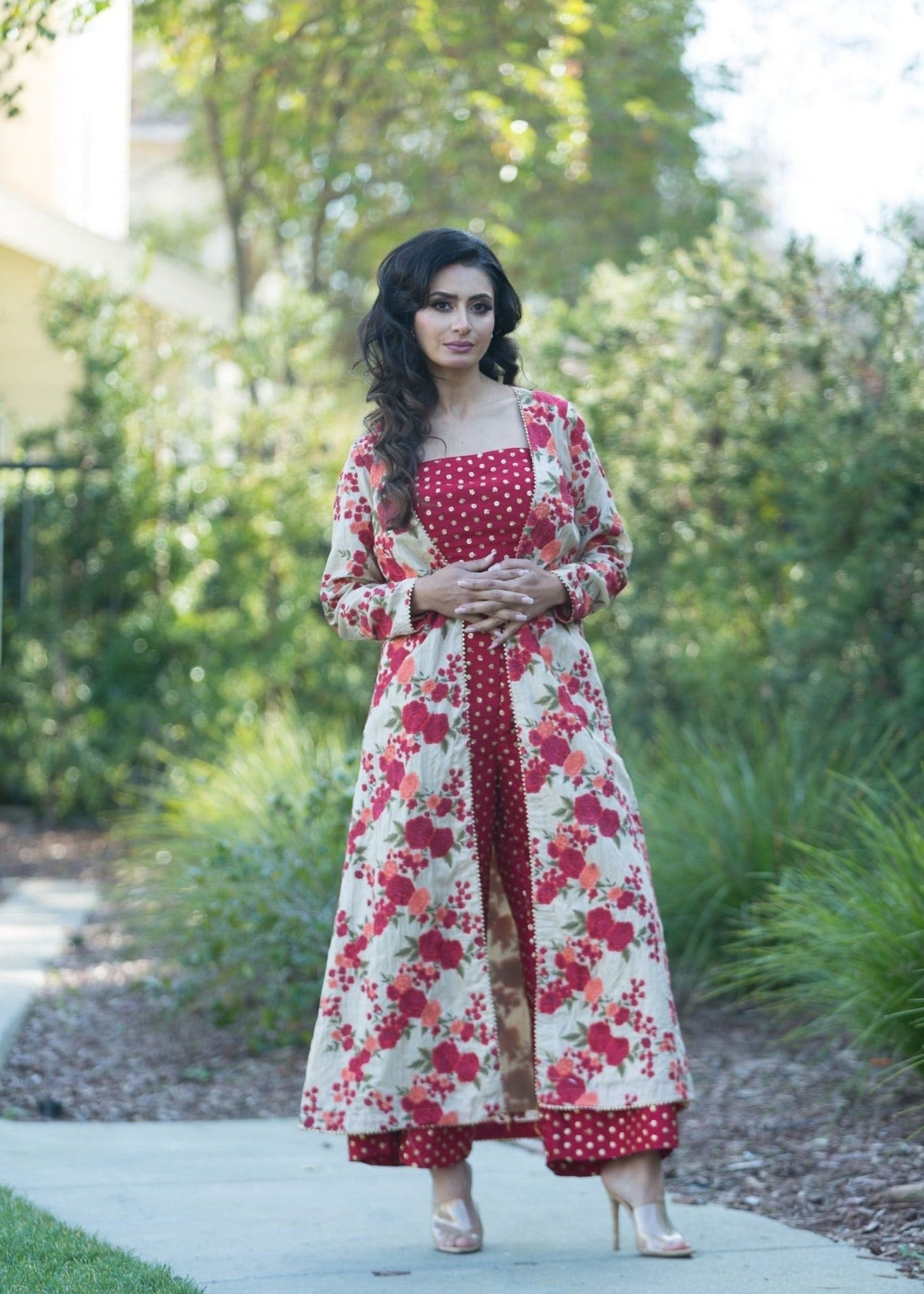 Red Top Pant Set with Hand Embroidered Long Jacket for Women - Anvi Couture