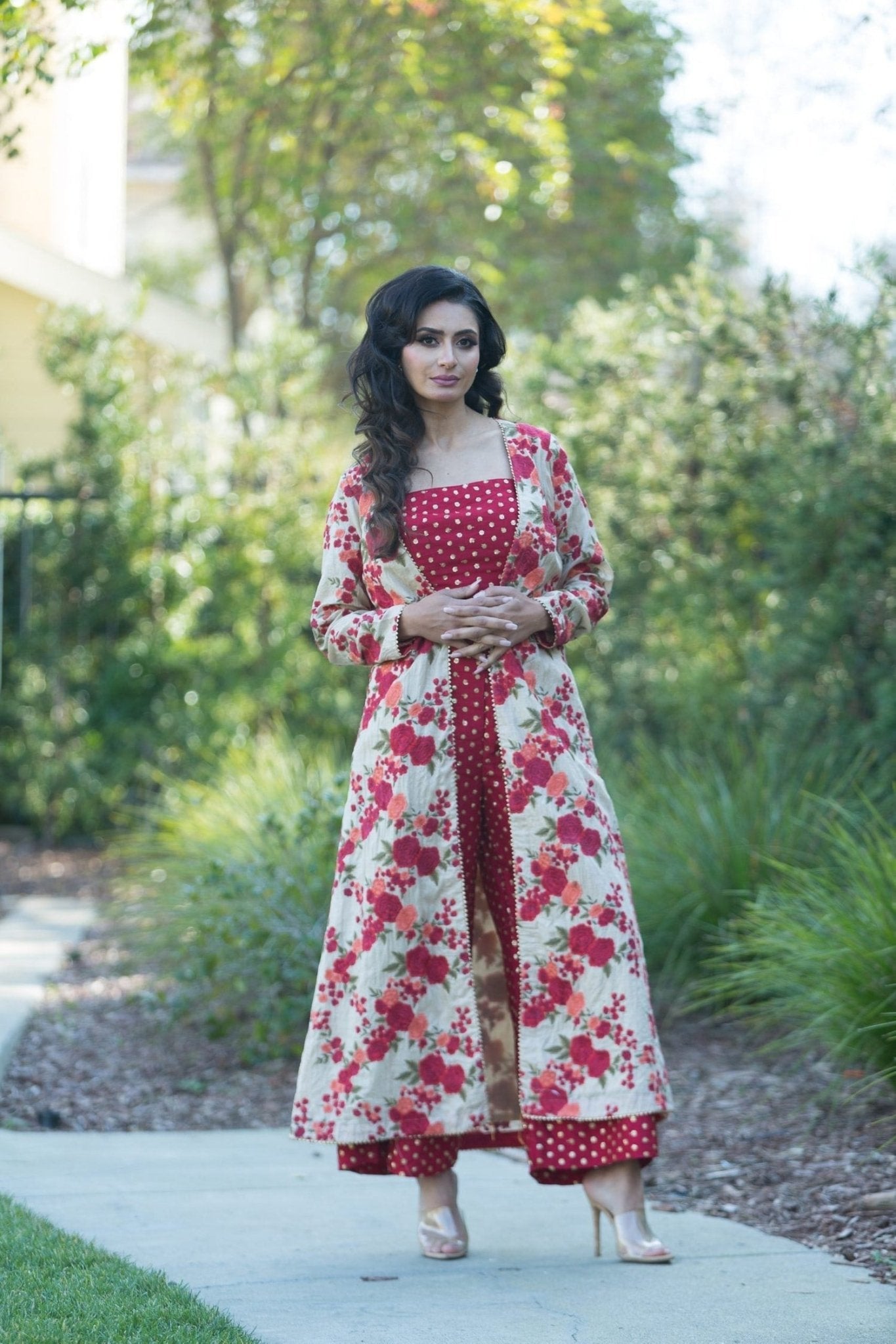 Red Top Pant Set with Hand Embroidered Long Jacket for Women - Anvi Couture