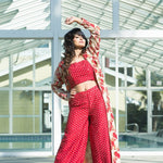 Red Top Pant Set with Hand Embroidered Long Jacket for Women - Anvi Couture