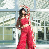 Red Top Pant Set with Hand Embroidered Long Jacket for Women - Anvi Couture