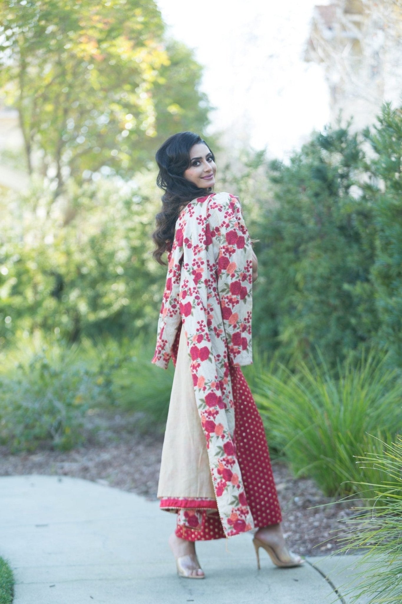 Red Top Pant Set with Hand Embroidered Long Jacket for Women - Anvi Couture