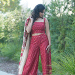 Red Top Pant Set with Hand Embroidered Long Jacket for Women - Anvi Couture