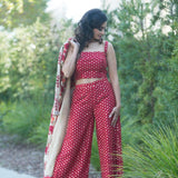 Red Top Pant Set with Hand Embroidered Long Jacket for Women - Anvi Couture