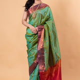 Parrot Green Silk Saree with Copper Zari Woven Detailing