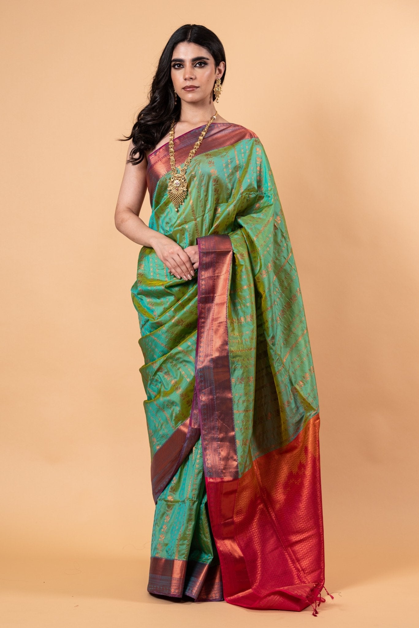 Parrot Green Silk Saree with Copper Zari Woven Detailing