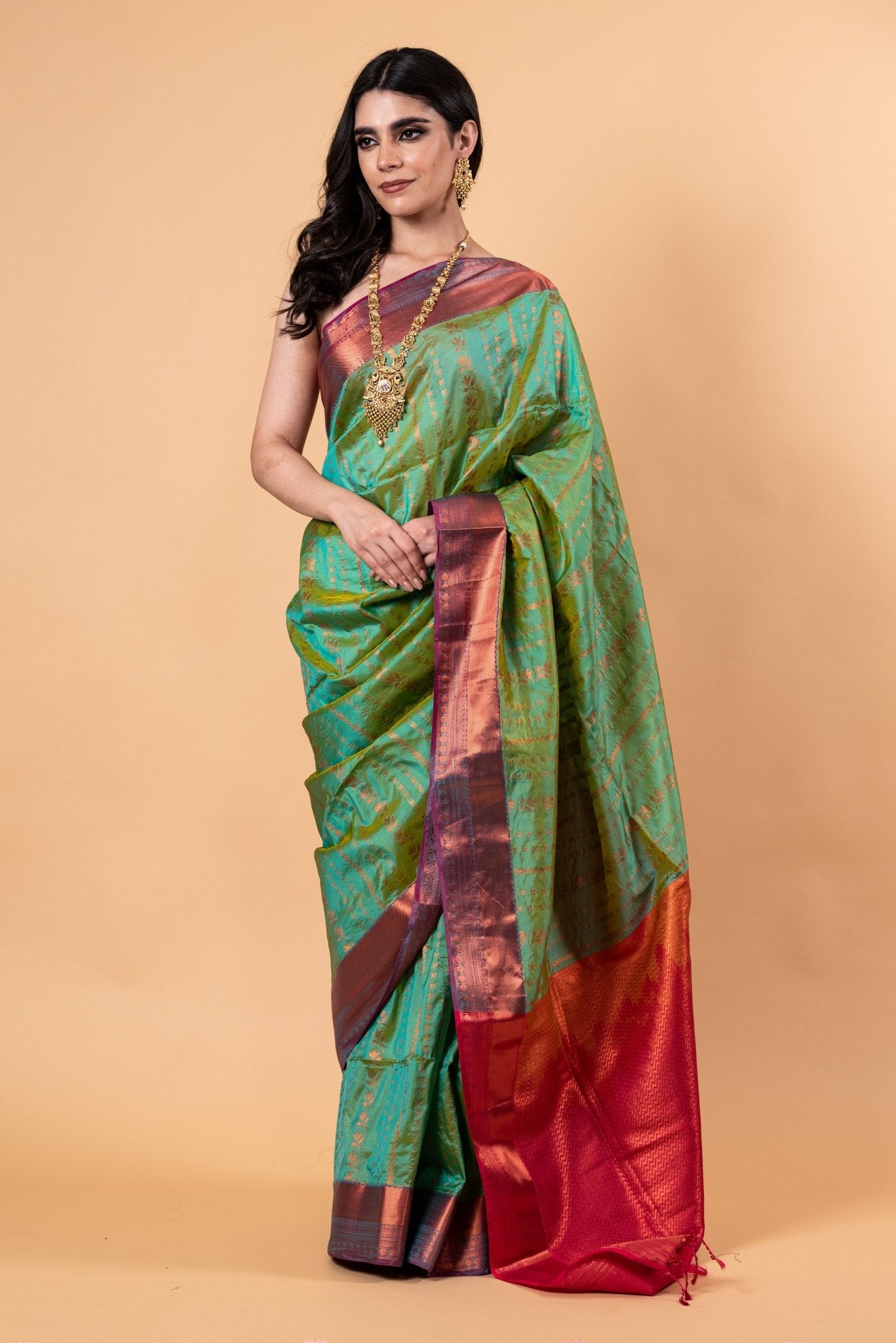  Green Silk Saree with Copper Zari Woven 