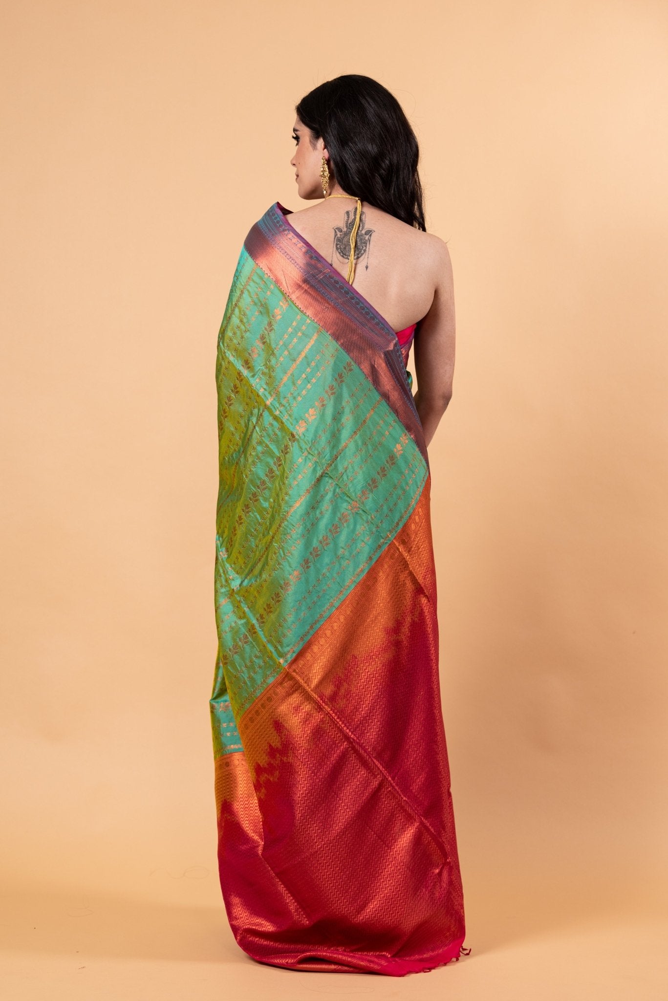 Parrot Green Silk Saree with Copper Zari Woven