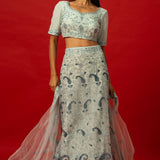 Light Blue Bridal Reception Lehenga with Sheer Dupatta and Embroidered Blouse