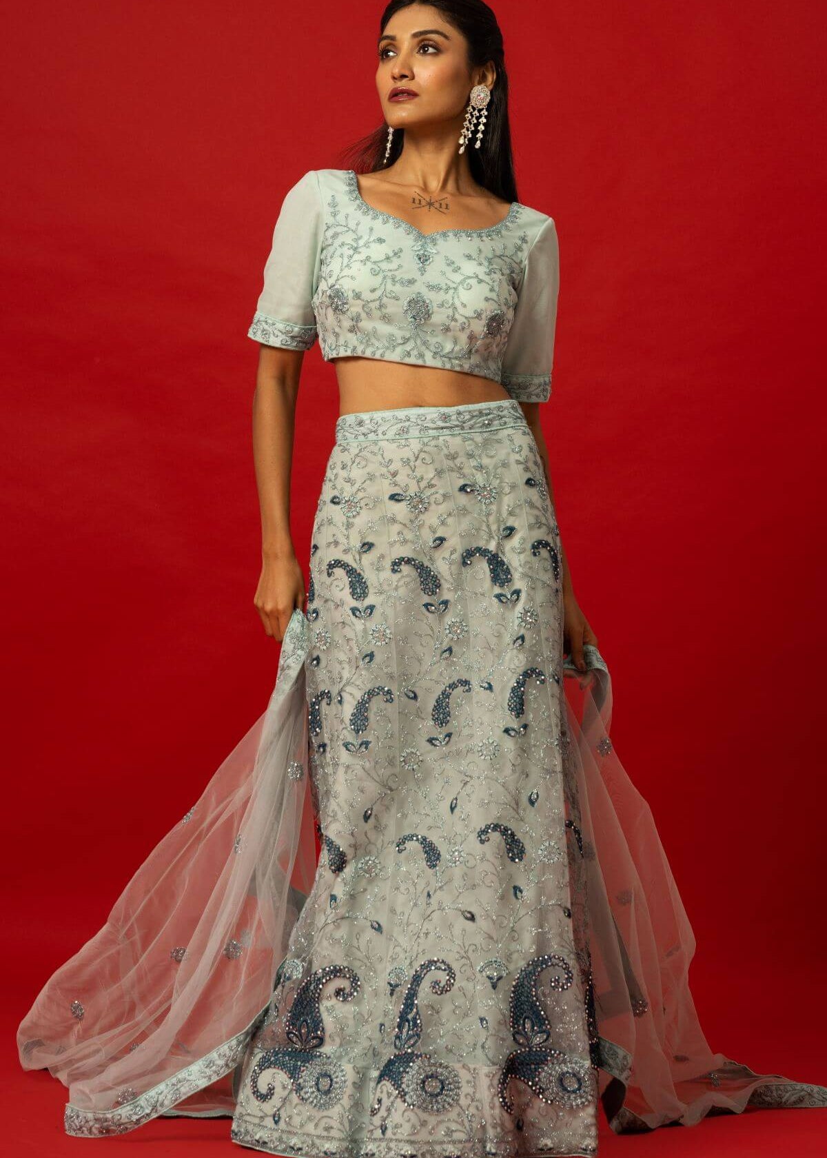 Light Blue Bridal Reception Lehenga with Sheer Dupatta and Embroidered Blouse