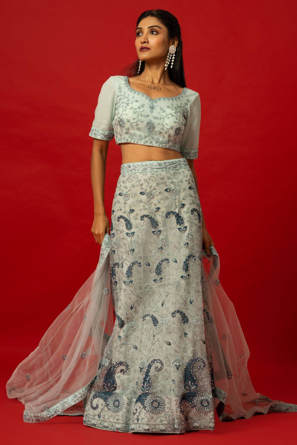 Light Blue Bridal Reception Lehenga with Sheer Dupatta and Embroidered Blouse